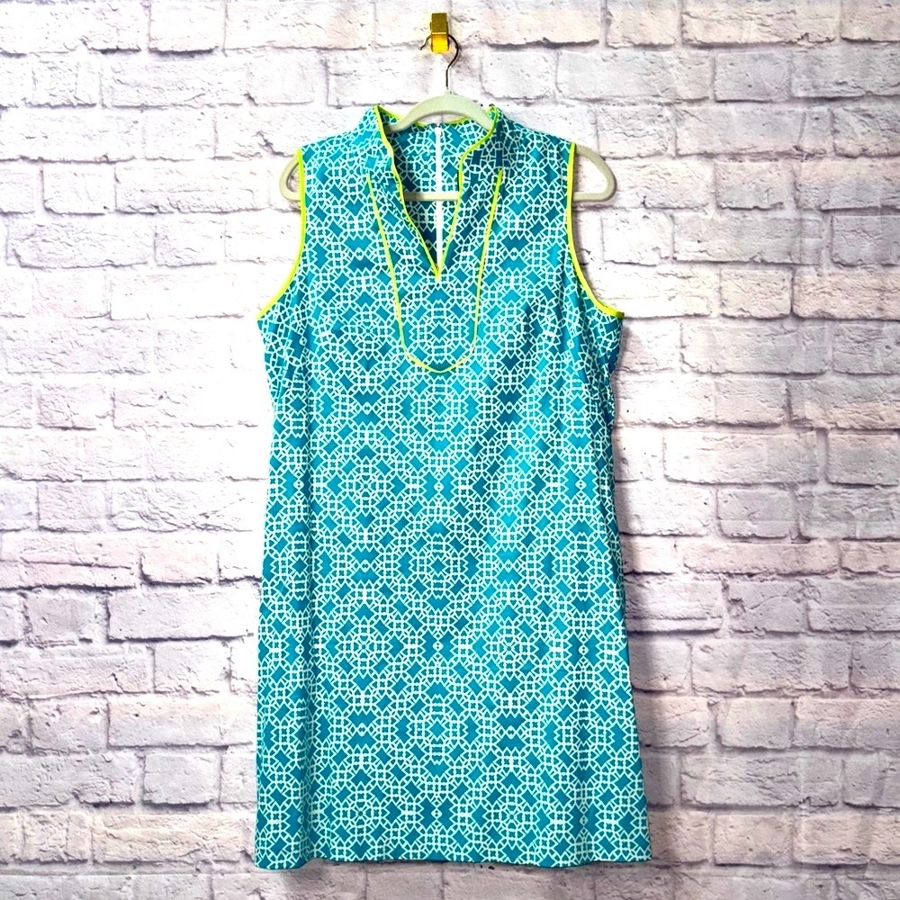 Vince Camuto Teal and White Geometric Dress